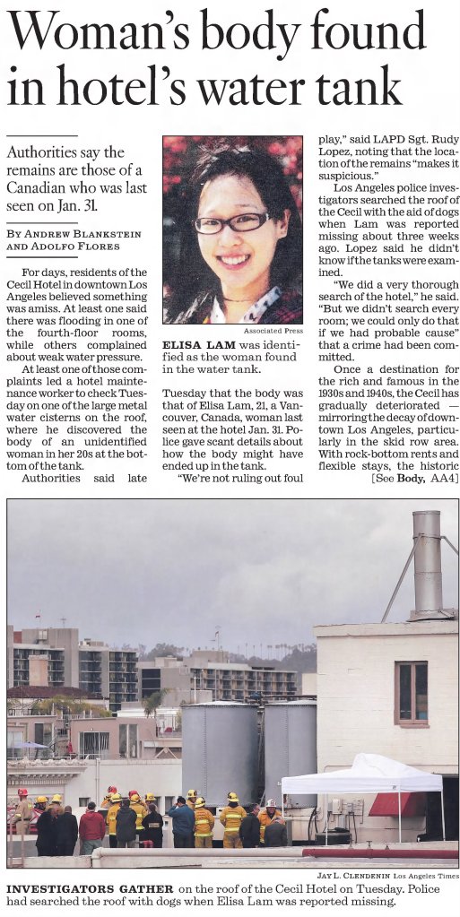 Elisa Lam found at The Cecil Hotel